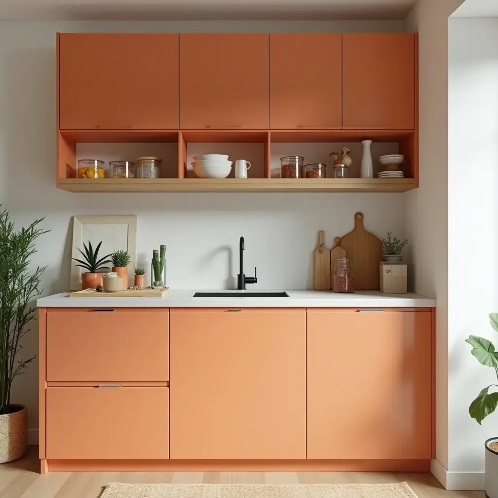 a photo of a small kitchen designed with bright colors and clever organization