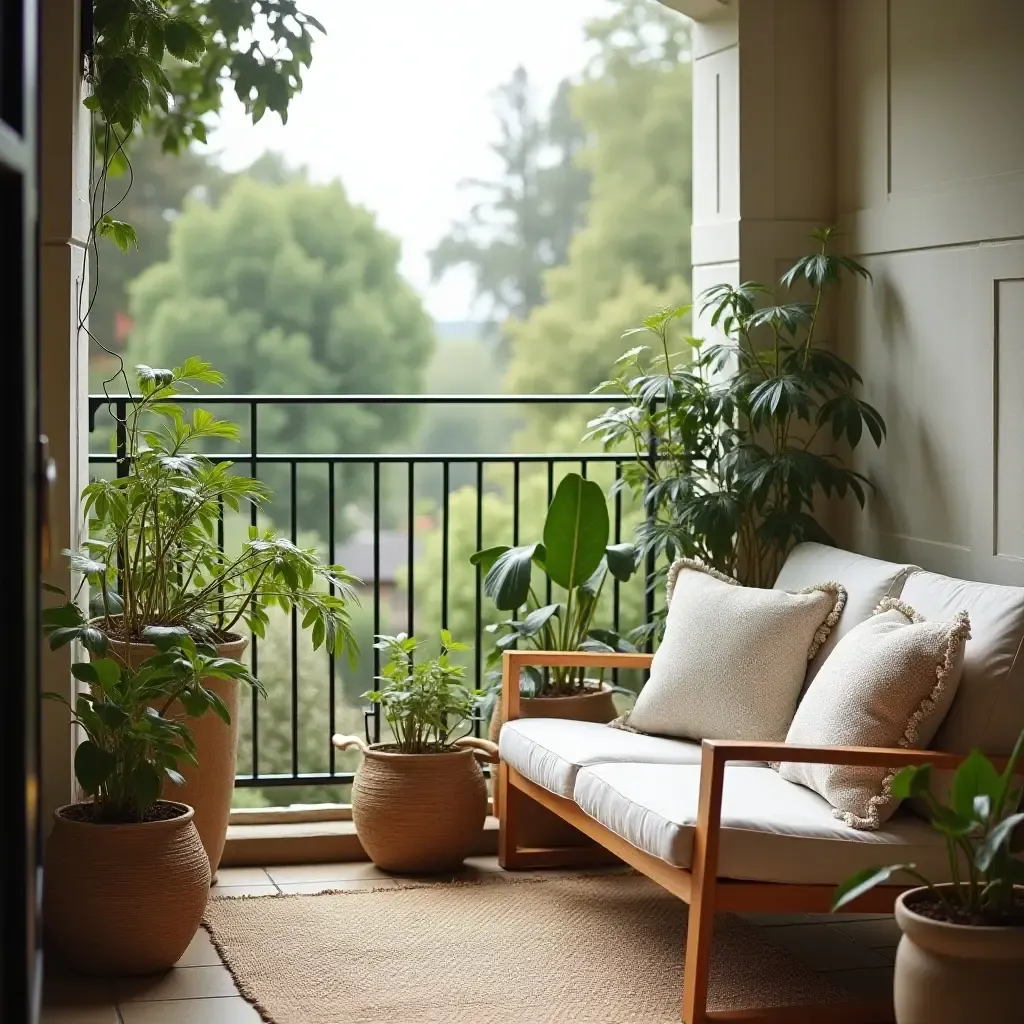 a photo of a balcony with eco-friendly throw pillows