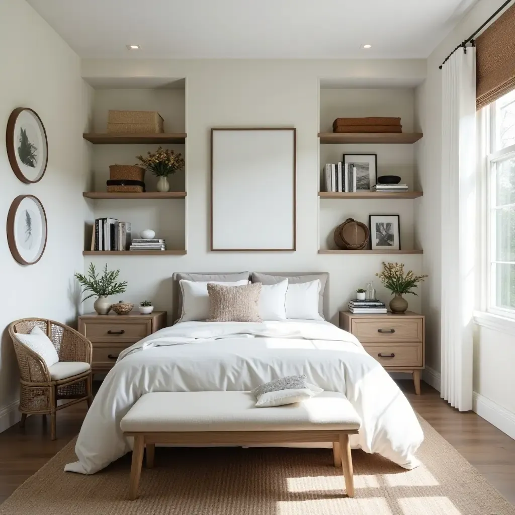 a photo of a cozy farmhouse-inspired bedroom with a reading nook and shelves