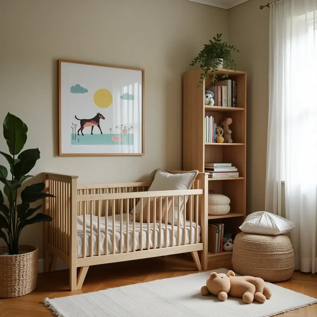 a photo of a nursery with a wooden bookshelf and vintage children&#x27;s books