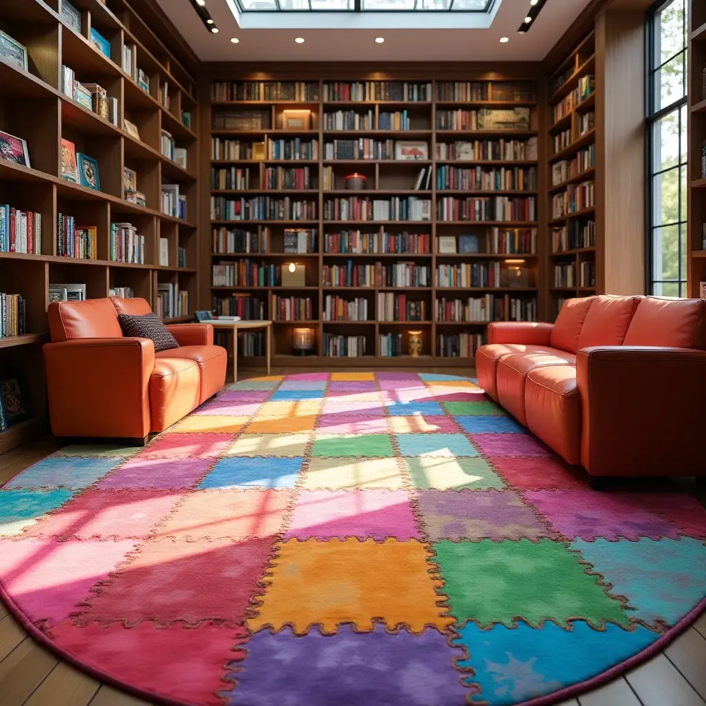 a photo of a colorful patchwork rug in a vibrant library atmosphere