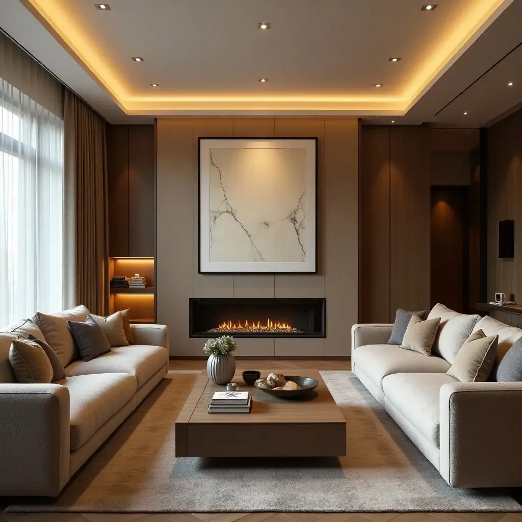 a photo of an inviting living room with layered lighting