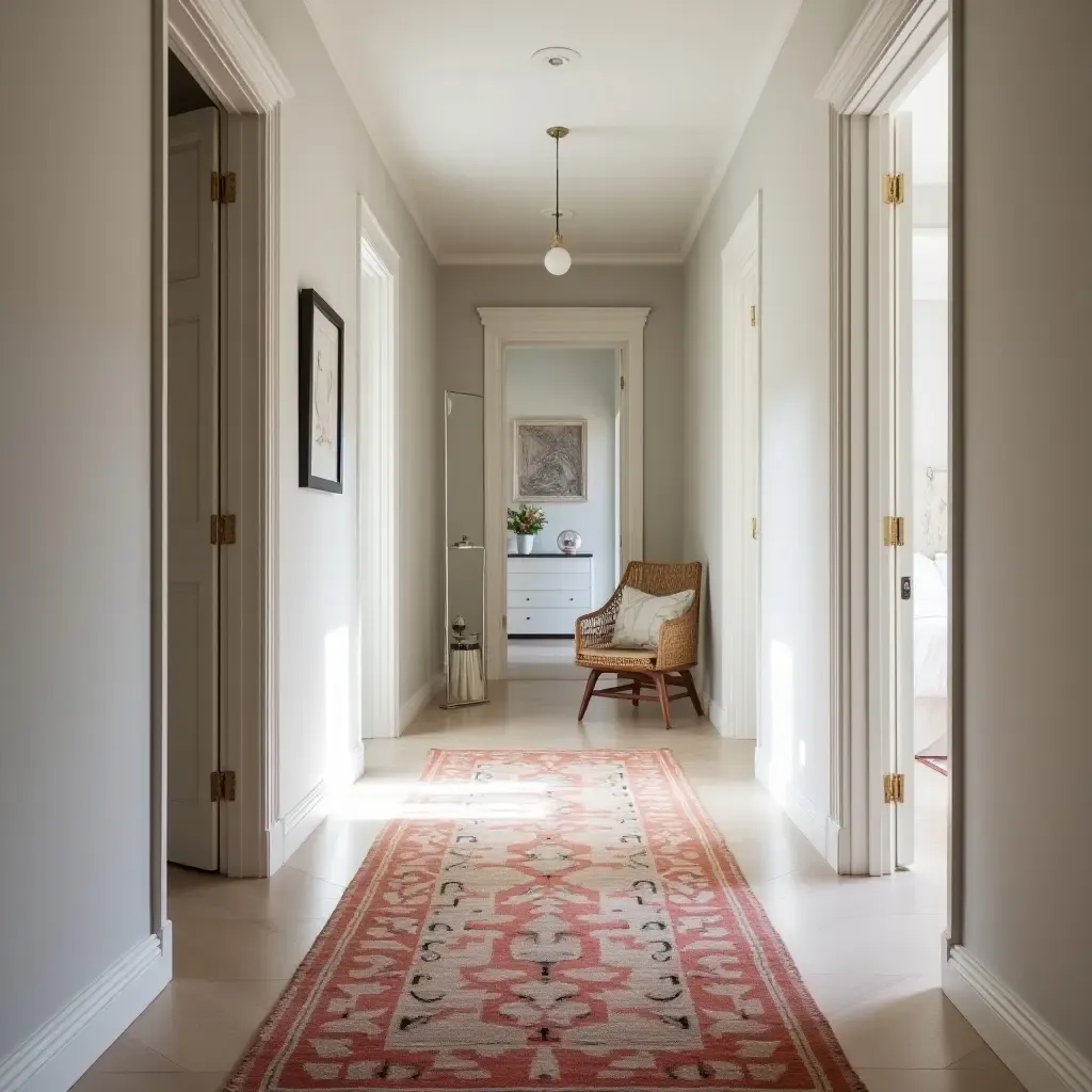 a photo of a stylish runner rug in a narrow bedroom hallway