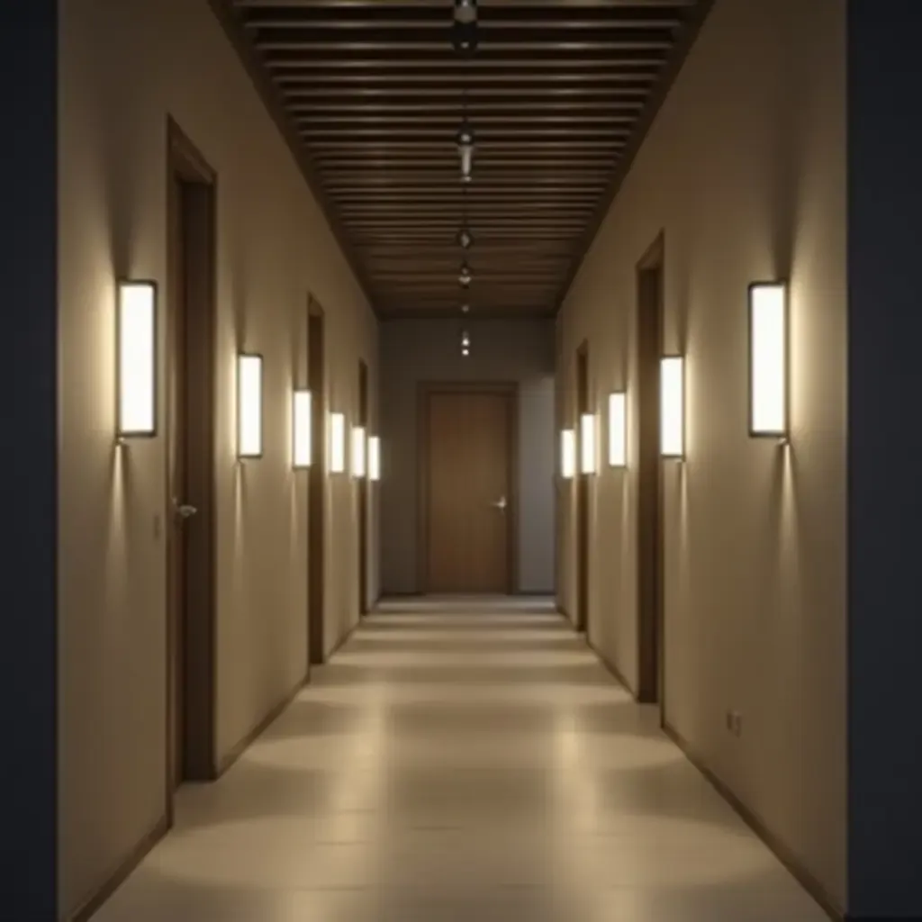 a photo of a corridor featuring motion-sensor lights