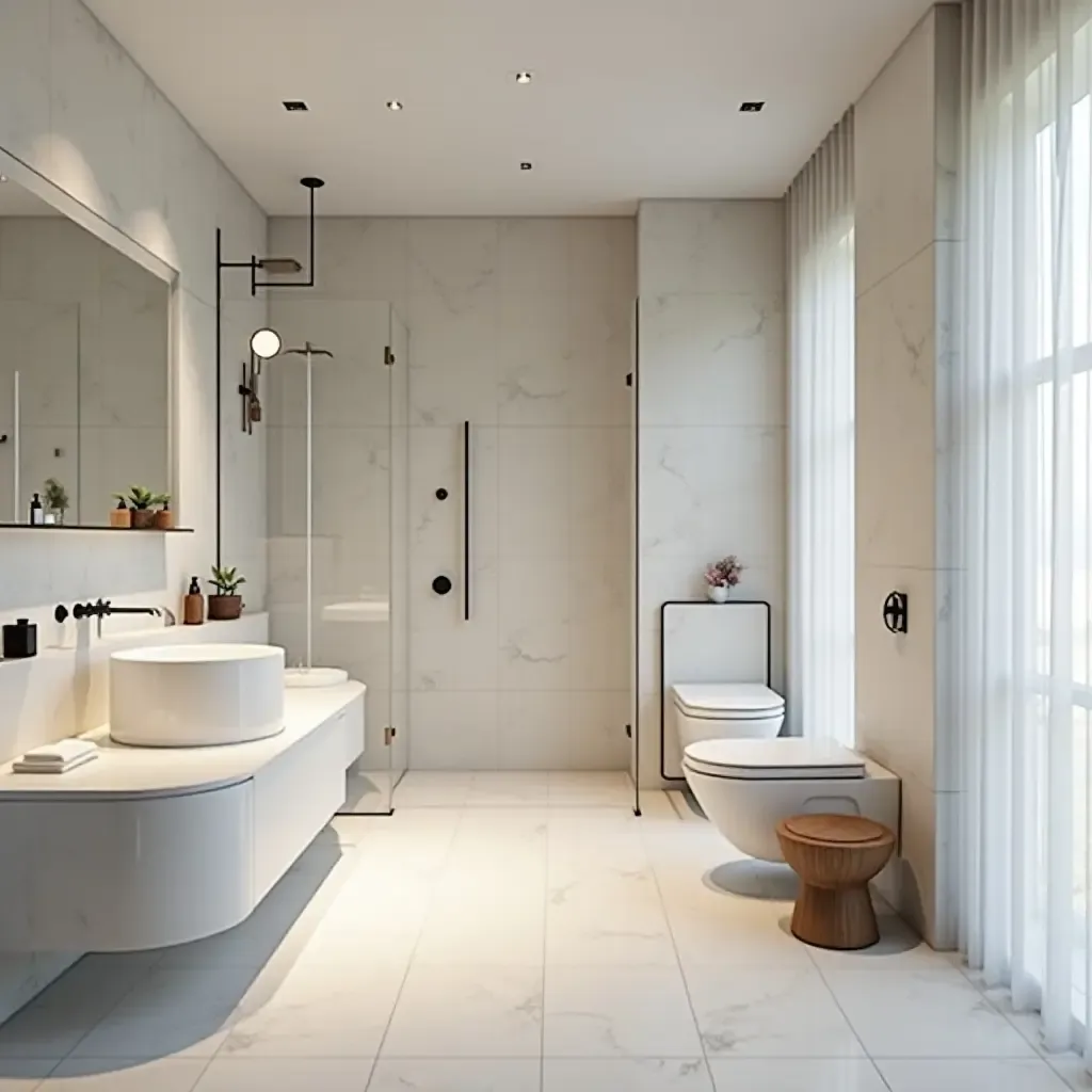 a photo of a modern bathroom with sleek tiles and a minimalist aesthetic