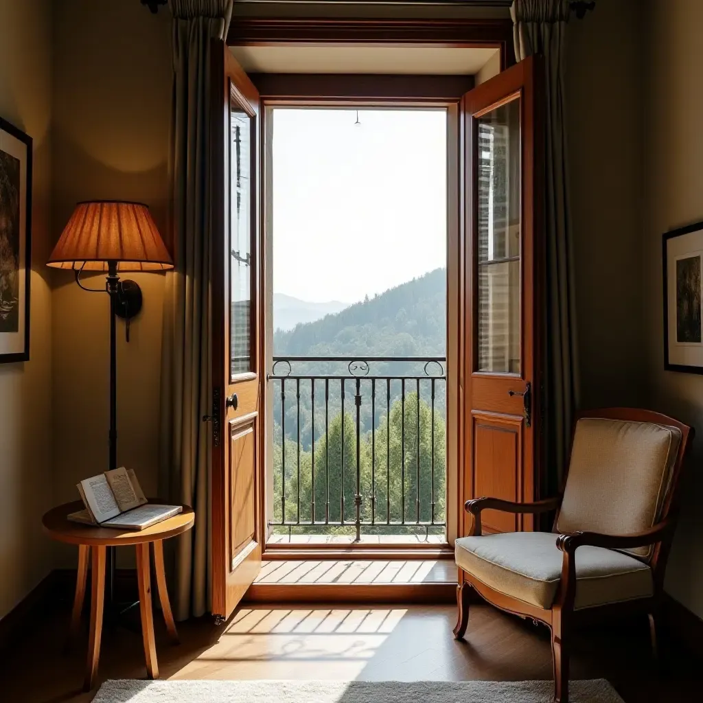 a photo of a balcony with wooden shutters and a cozy reading corner