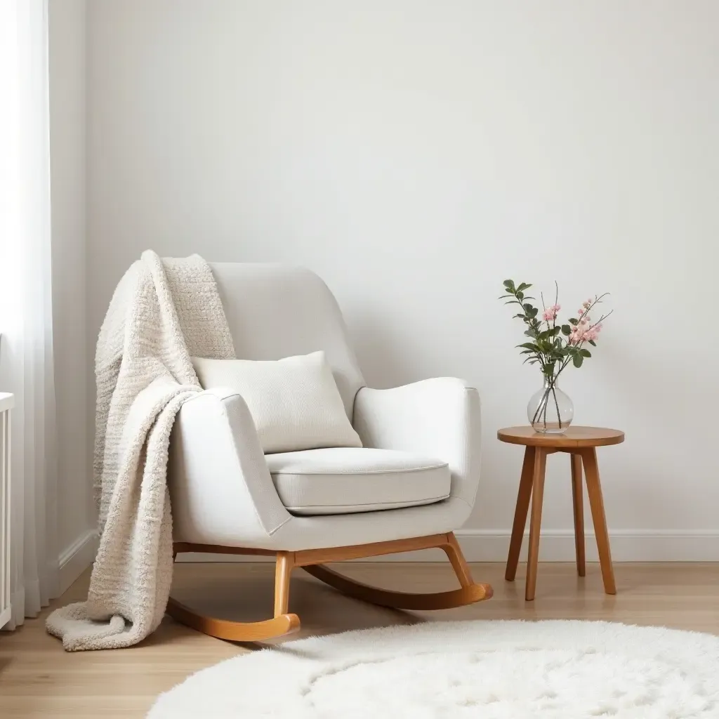 a photo of a nursery with a stylish rocking chair and plush throw