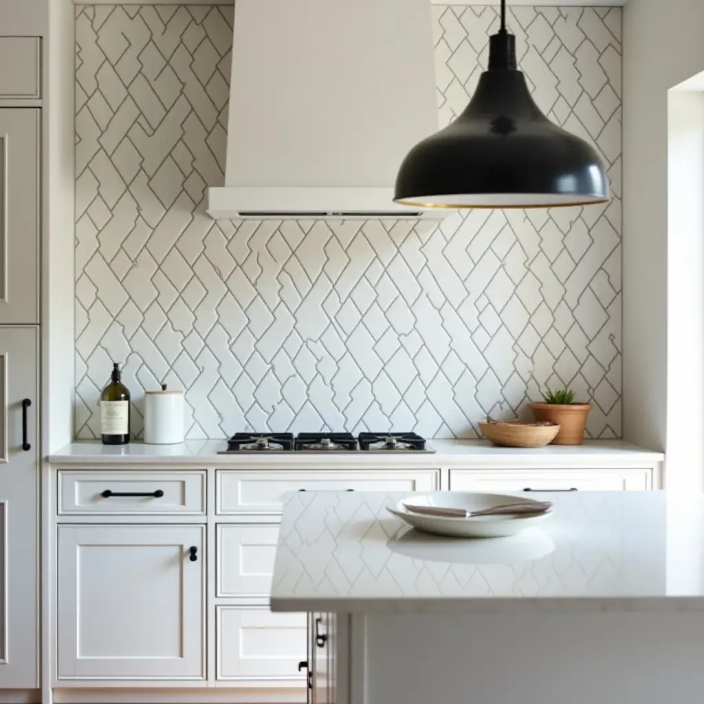 a photo of geometric patterned tiles as a backsplash enhancing a modern countertop