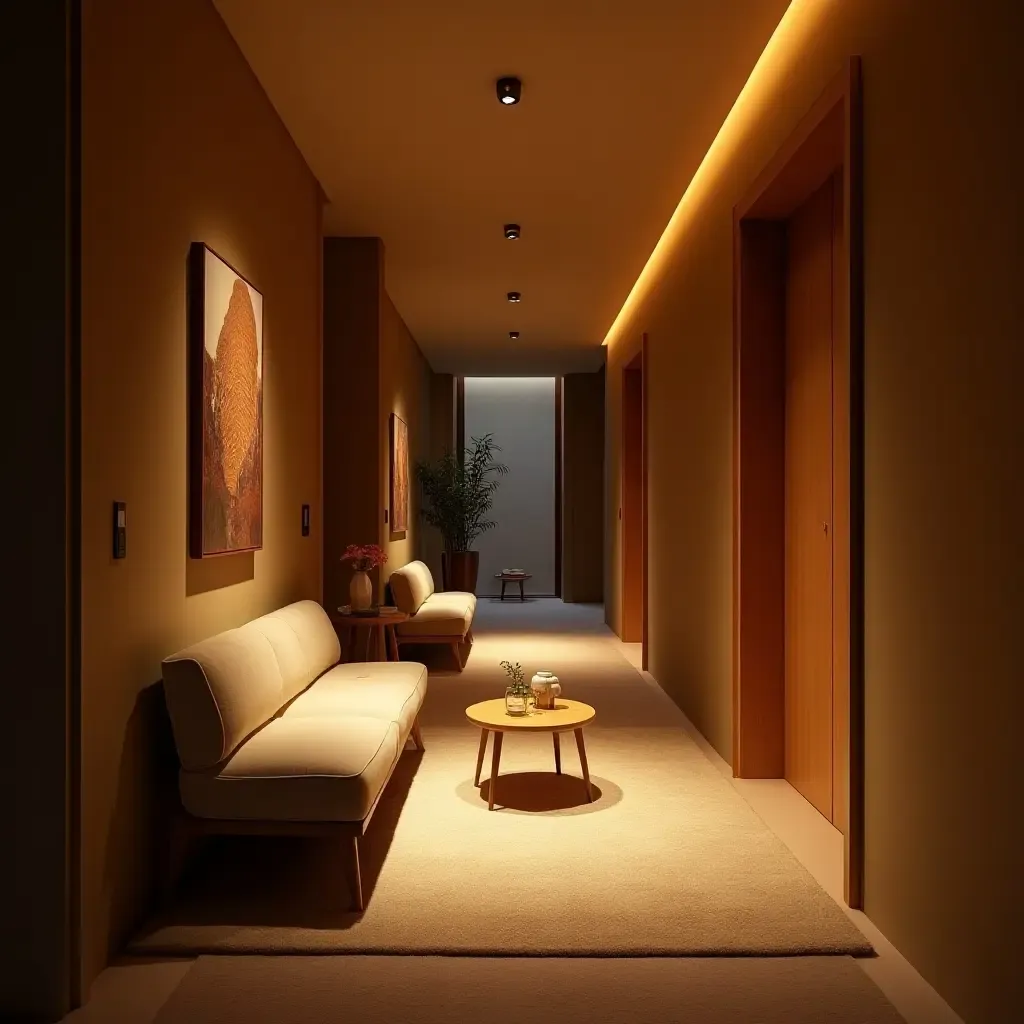 a photo of a cozy seating area in a corridor with warm lighting