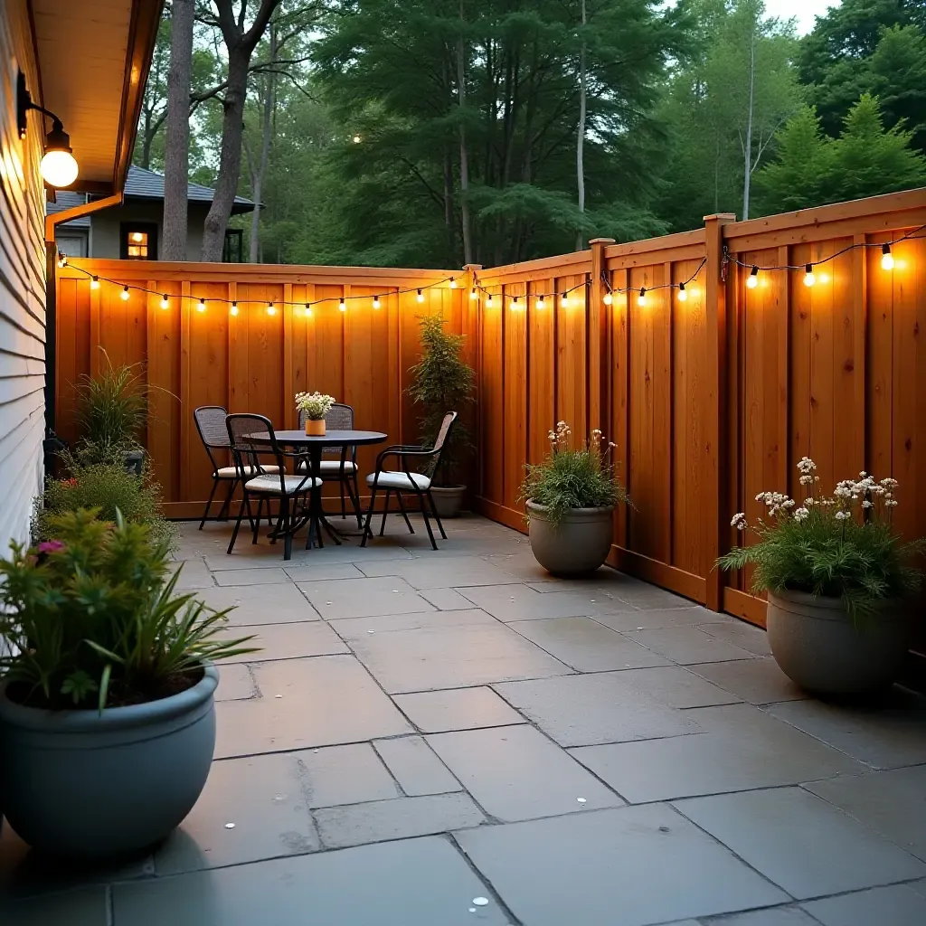 a photo of a concrete patio with DIY planters and fairy lights