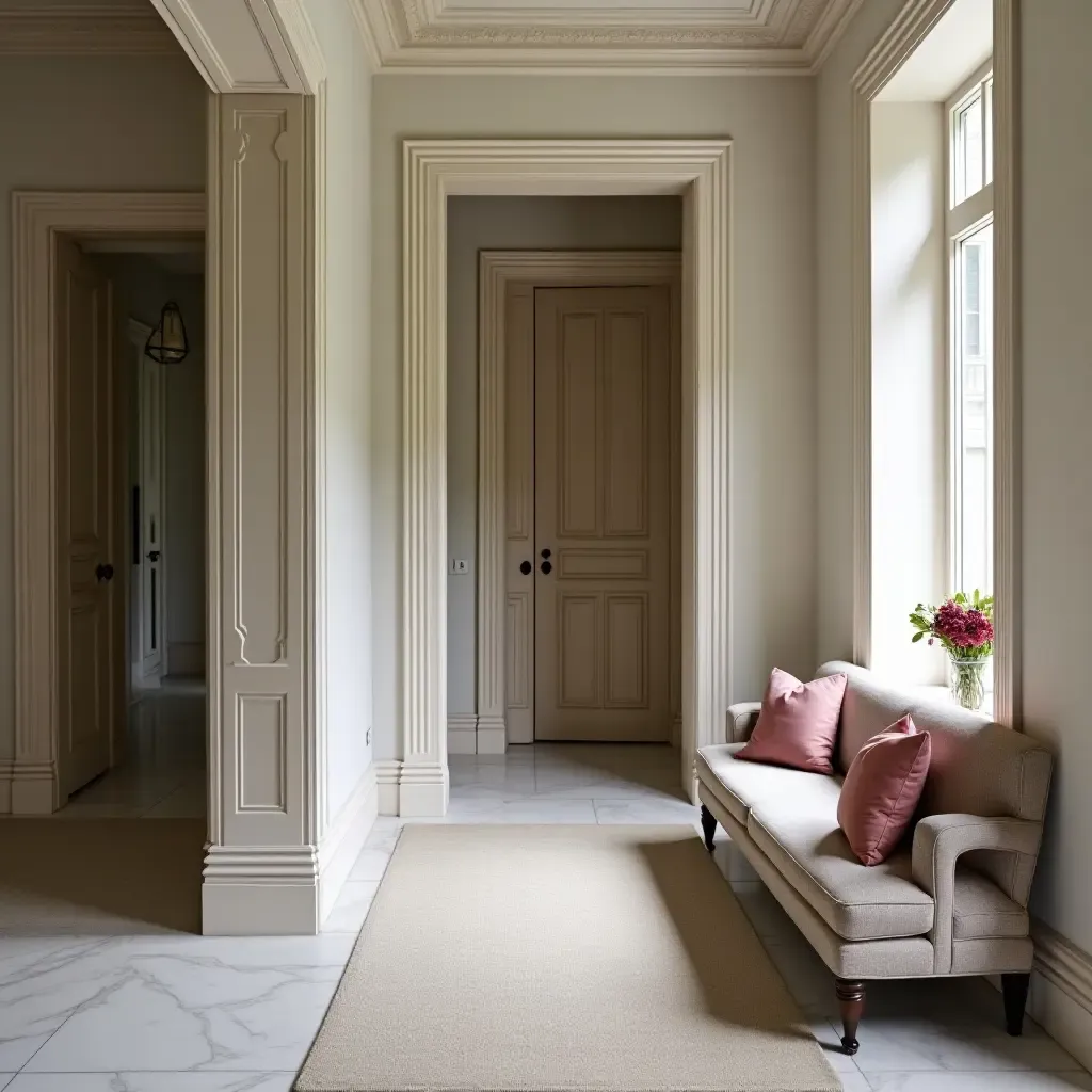 a photo of a sophisticated entrance hall with luxurious throw pillows on a settee