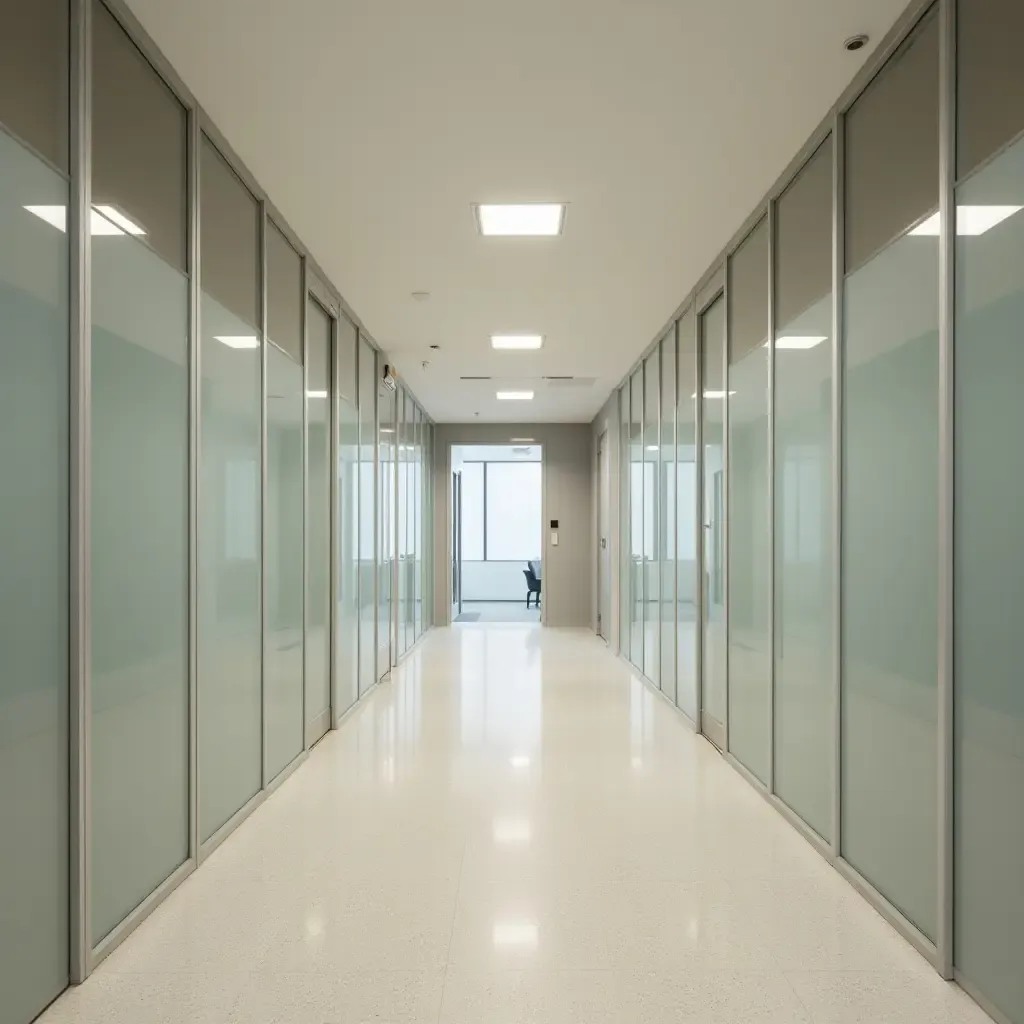 a photo of a narrow corridor designed with glass partitions