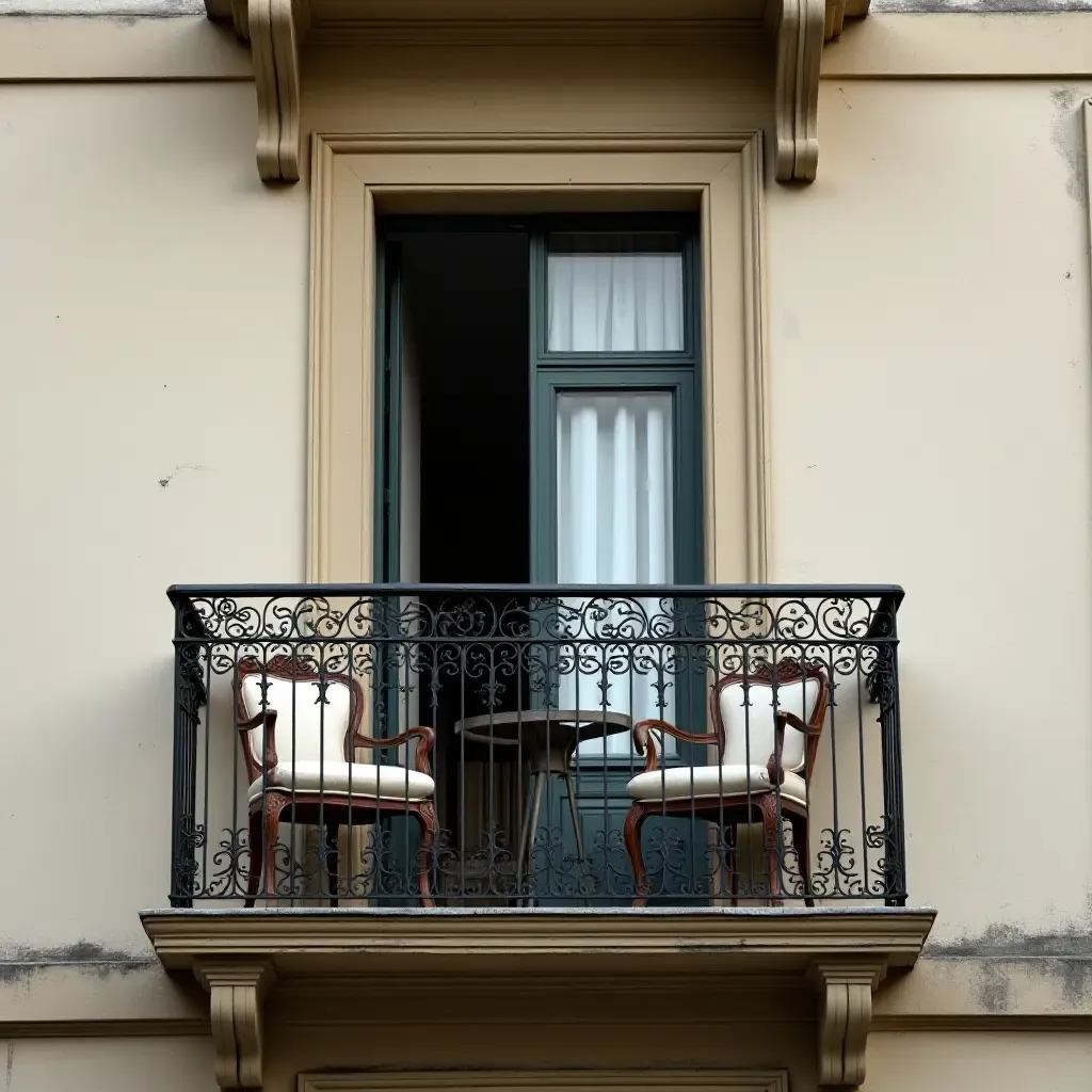 a photo of a balcony with a classic iron railing and vintage chairs