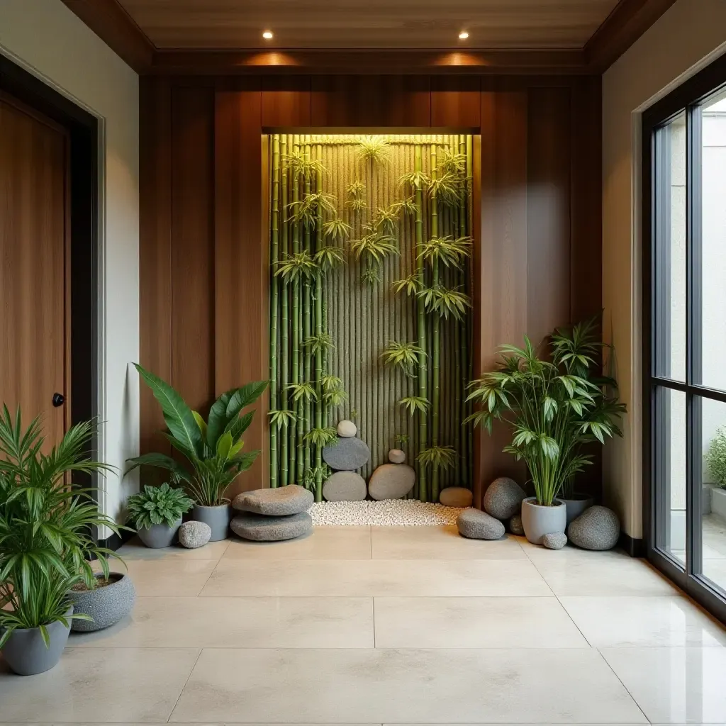 a photo of a zen-inspired garden wall with bamboo and stones in a foyer