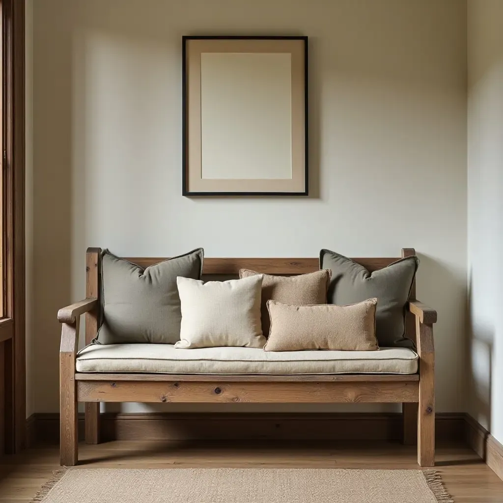 a photo of a rustic wooden bench with vintage cushions in a corridor