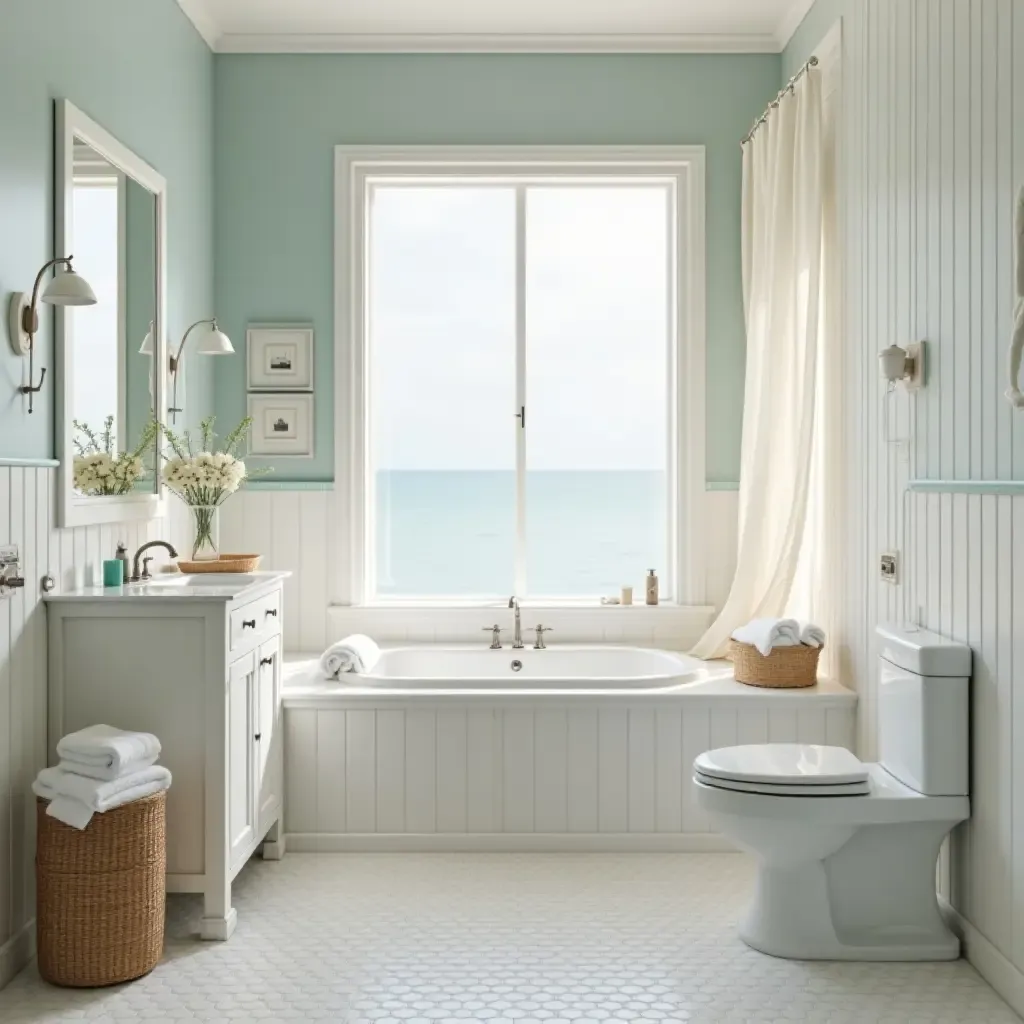 a photo of a serene bathroom with sea-inspired decor and soft lighting