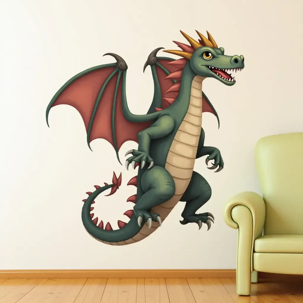 a photo of a fun, oversized wall sticker of a dragon