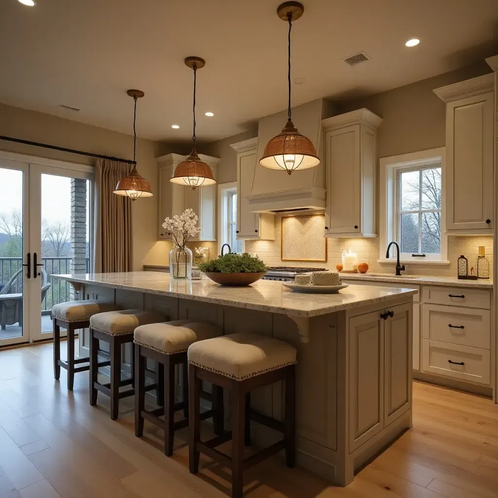 a photo of a cozy kitchen island with soft seating and warm lighting