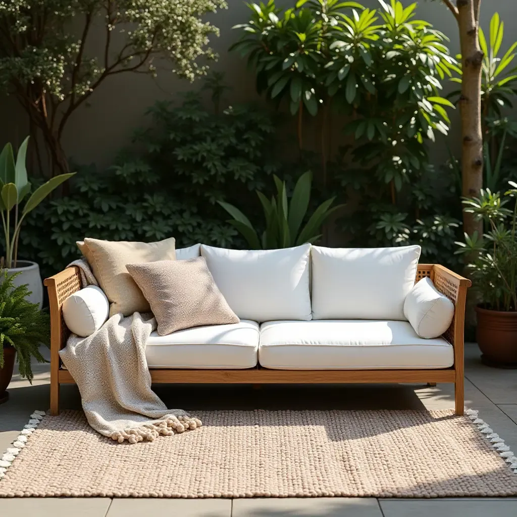 a photo of a comfortable outdoor lounge with a rug and throw blankets