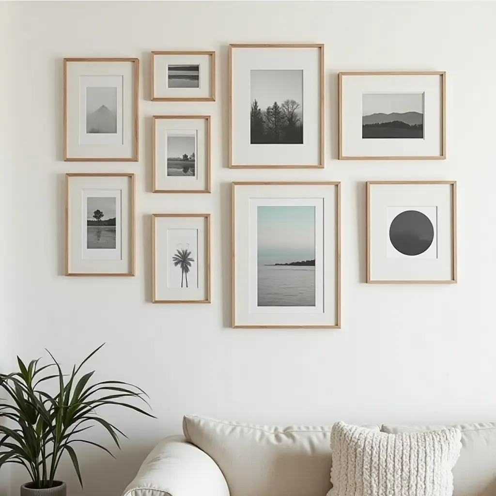 a photo of a gallery wall with a mix of digital art and traditional frames