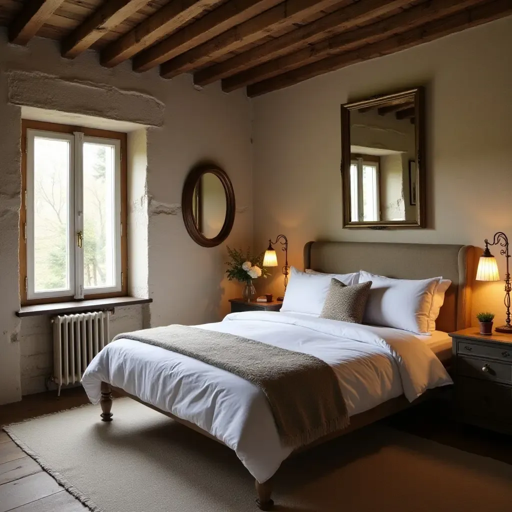 a photo of a rustic bedroom with vintage mirrors and natural light