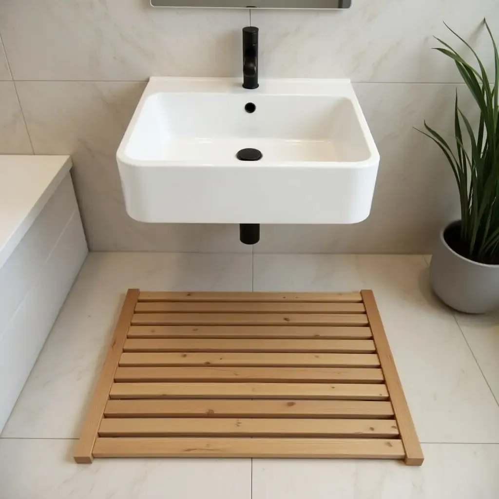 a photo of a wooden bath mat placed in front of a sink