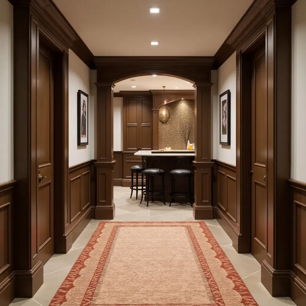 a photo of a patterned runner rug leading to a basement bar area