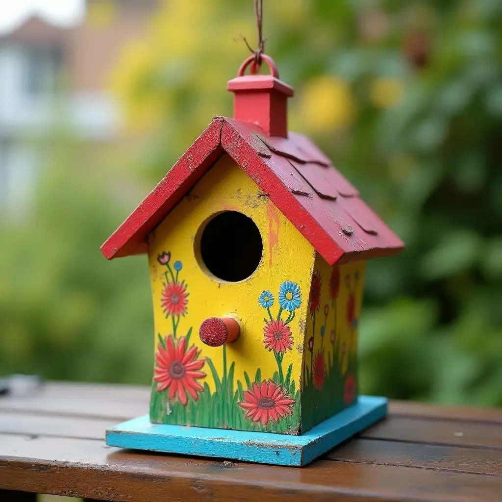 a photo of a whimsical birdhouse painted in bright colors