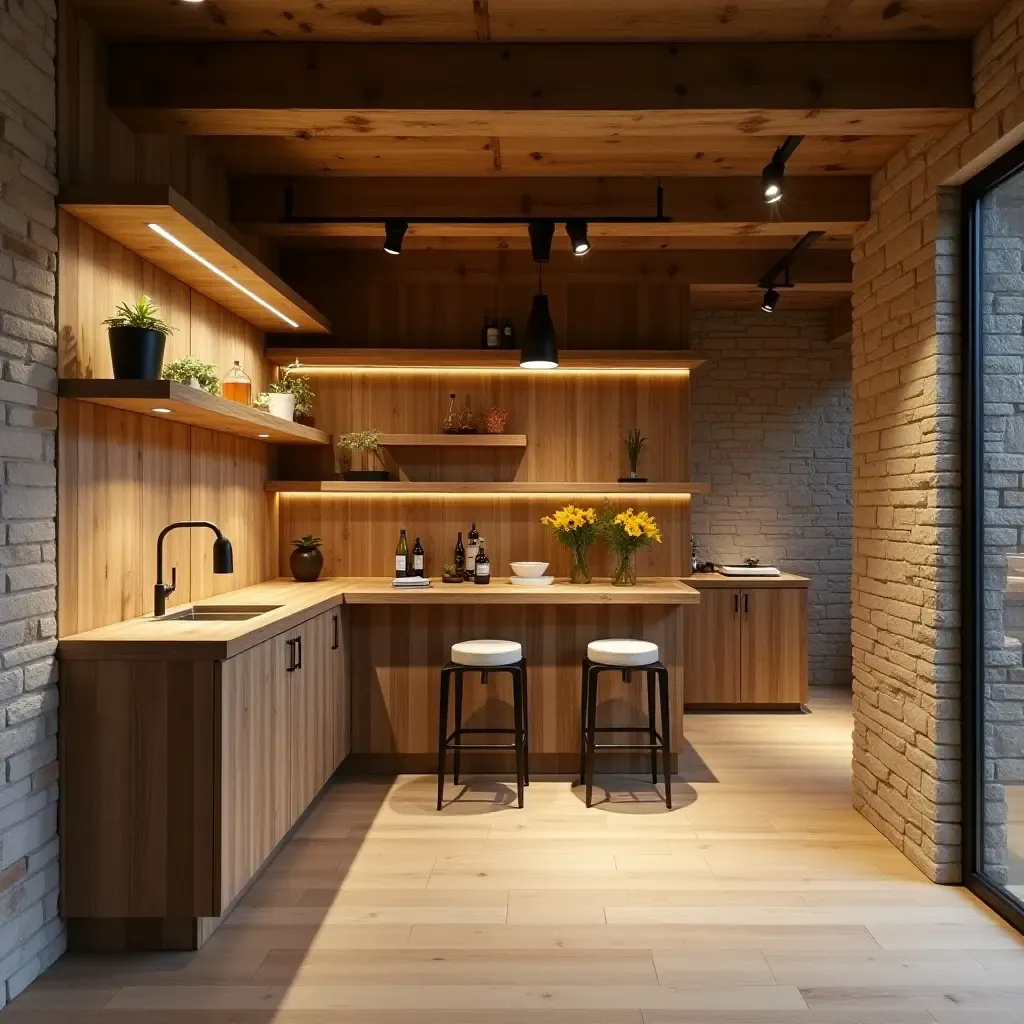 a photo of a warm basement featuring reclaimed wood shelves