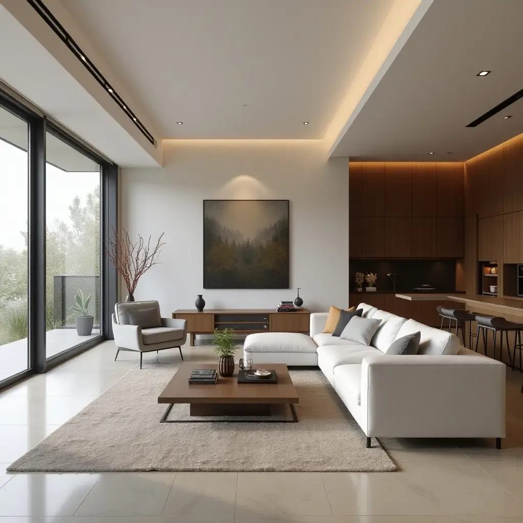 a photo of a modern living room with a sleek design and open floor plan