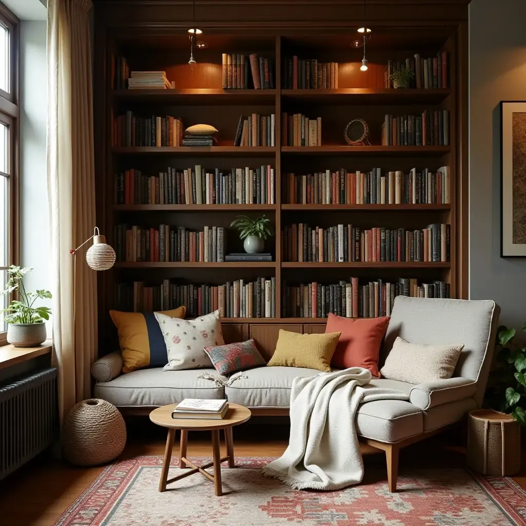 a photo of a cozy reading corner with bookshelves and cushions