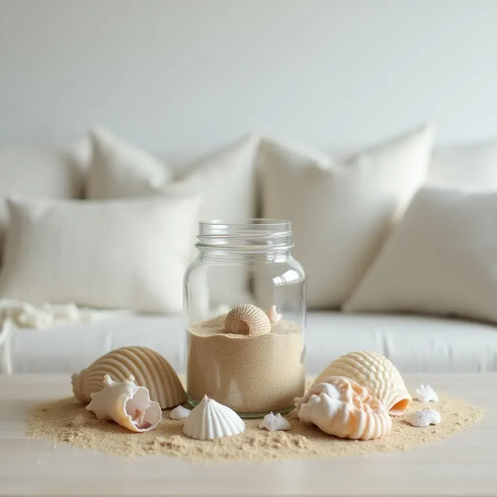 a photo of a beach-themed coffee table with seashells and sand in a glass jar