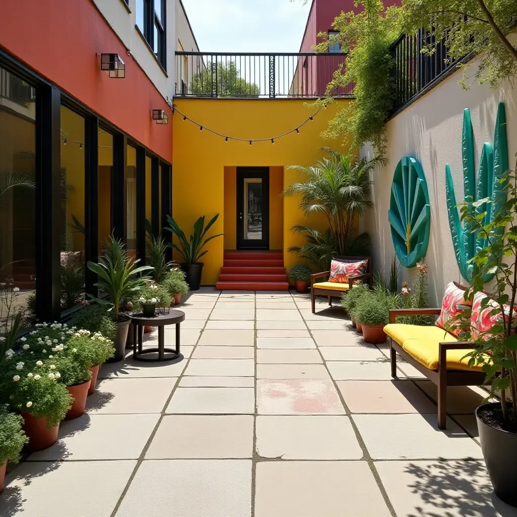 a photo of a vibrant concrete patio with outdoor art installations and greenery