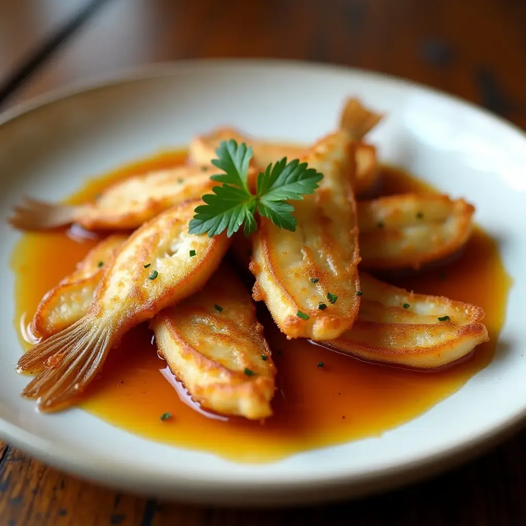 a photo of a classic Italian scapece di pesce with golden fried fish and vinegar