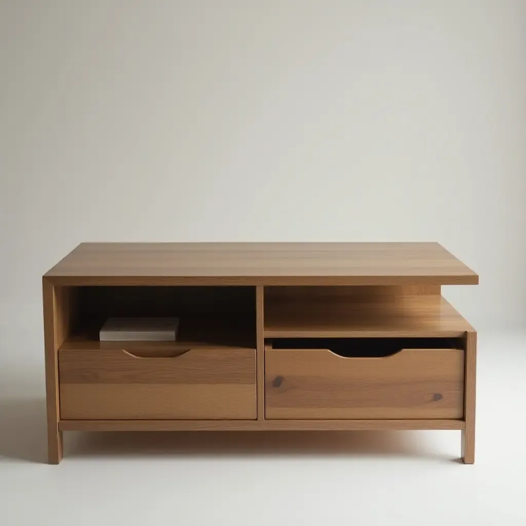 a photo of a chic coffee table with built-in storage compartments