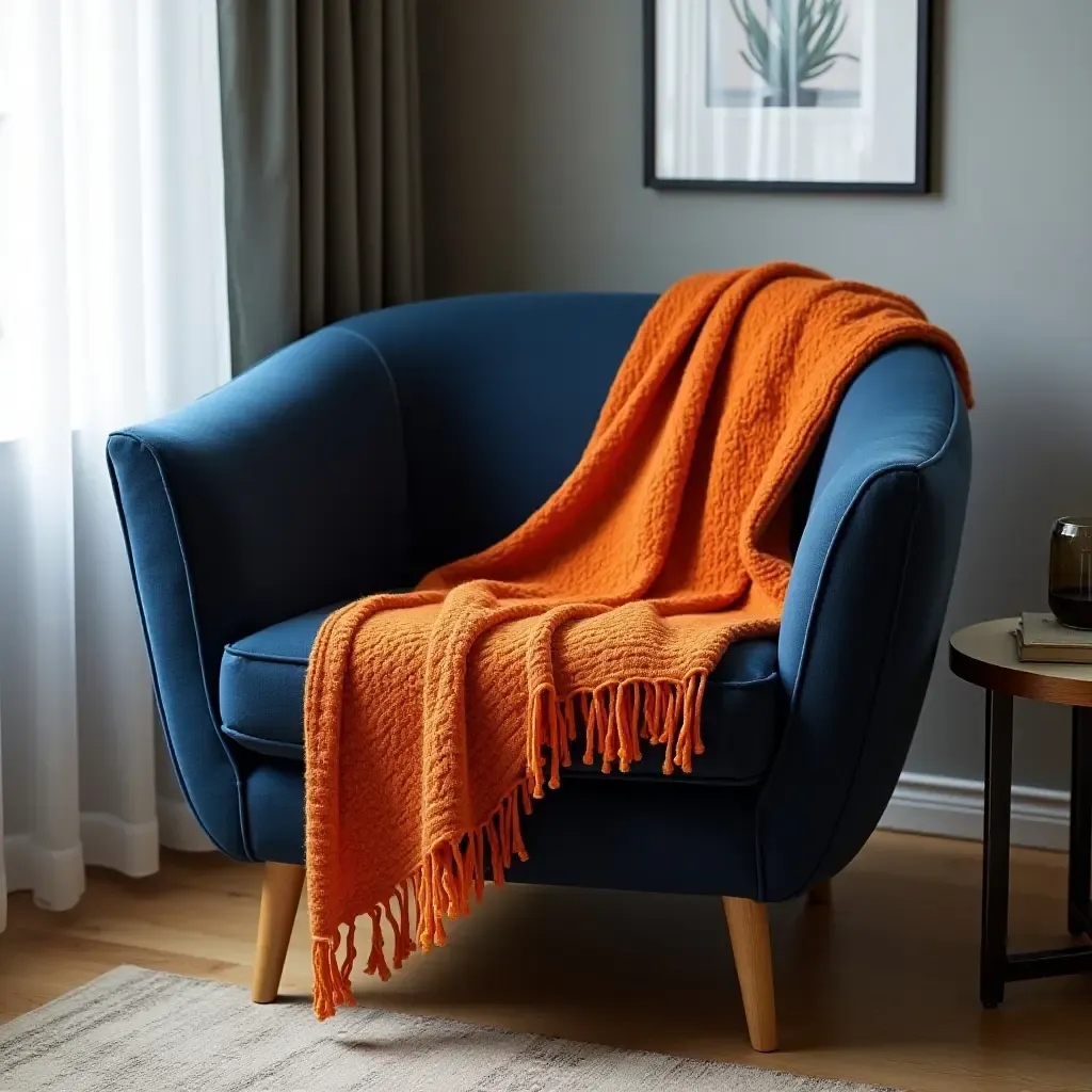 a photo of a stylish navy armchair with an orange knitted throw