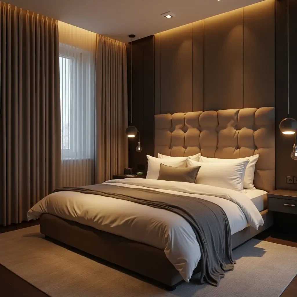 a photo of a stylish teen bedroom with a unique headboard and elegant lighting