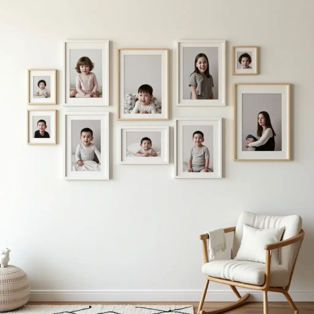 a photo of a gallery wall showcasing a timeline of childhood milestones in frames