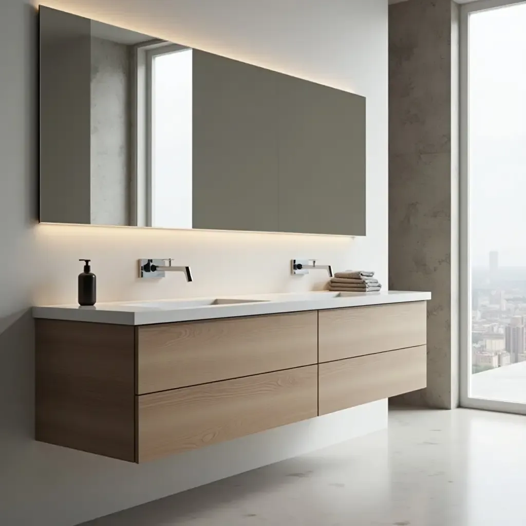 a photo of a sleek, modern vanity with a focus on functionality and design