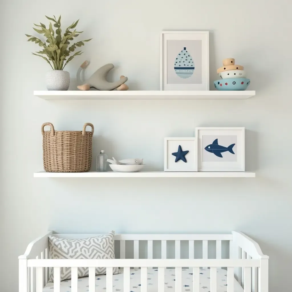 a photo of a nursery shelf with a nautical theme and ocean-inspired decor