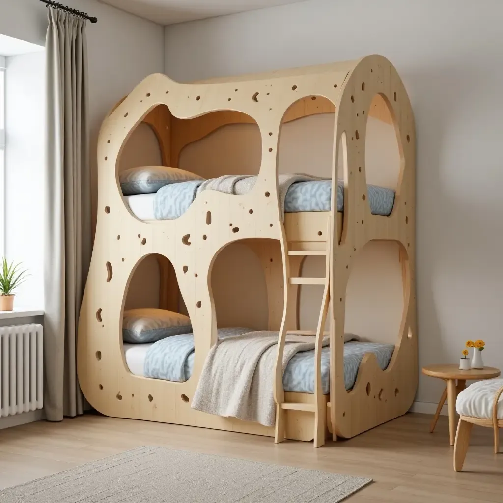 a photo of a loft bed with a unique shape and creative design