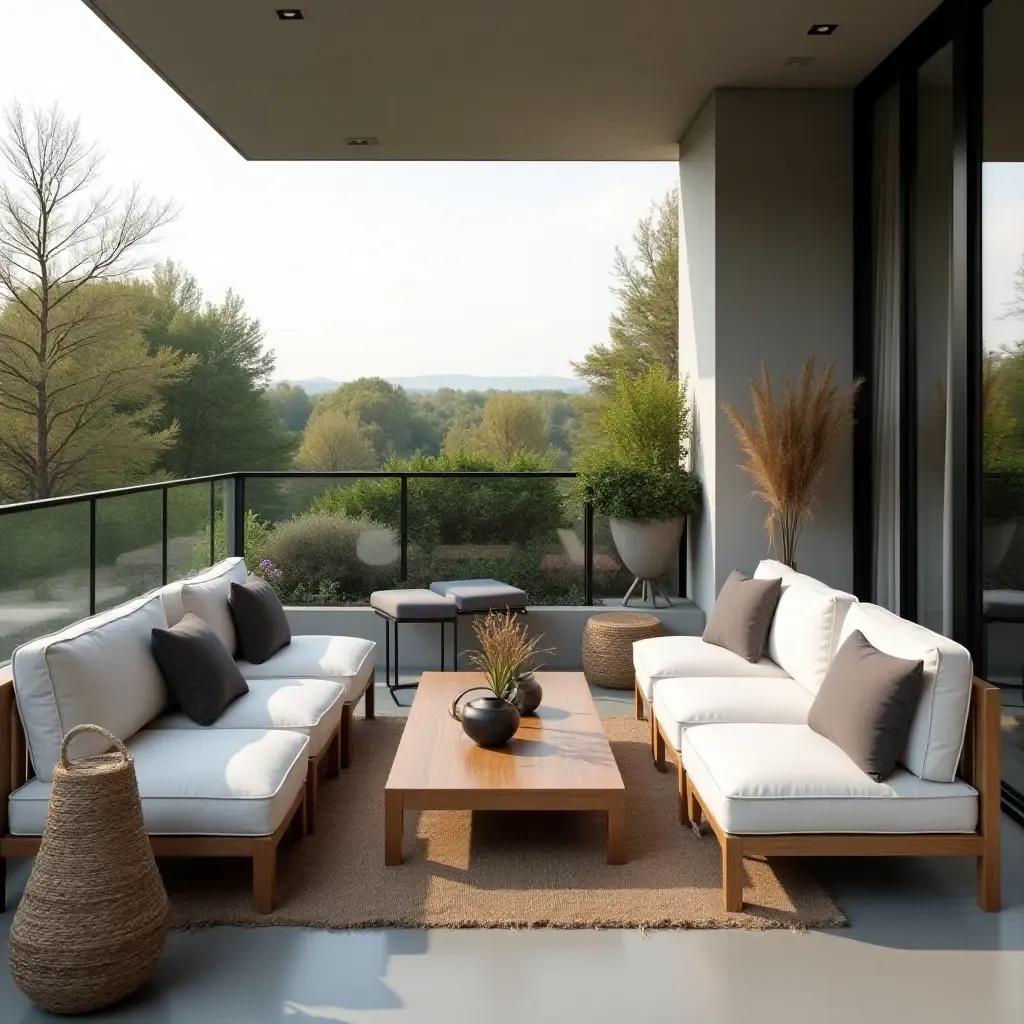 a photo of a balcony with a stylish coffee table and seating