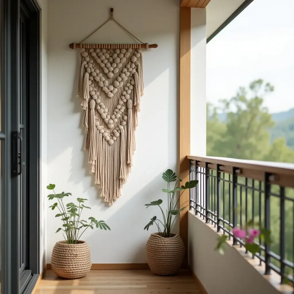 a photo of hanging macrame wall art on a balcony