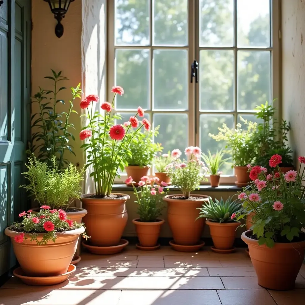 a photo of a stylish room with terracotta pots and colorful flowers