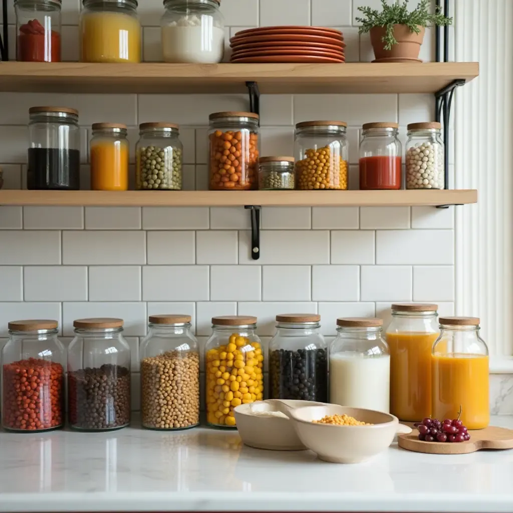 a photo of a kitchen with a collection of colorful jars and canisters