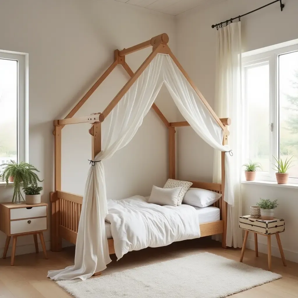 a photo of a whimsical kids&#x27; room with a wooden canopy bed