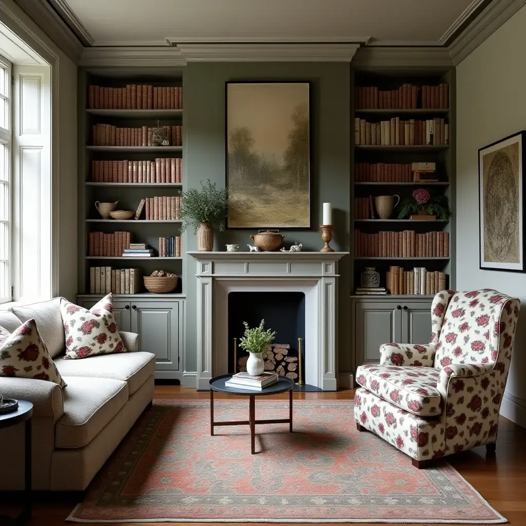 a photo of a farmhouse library with a mix of floral and plaid patterns