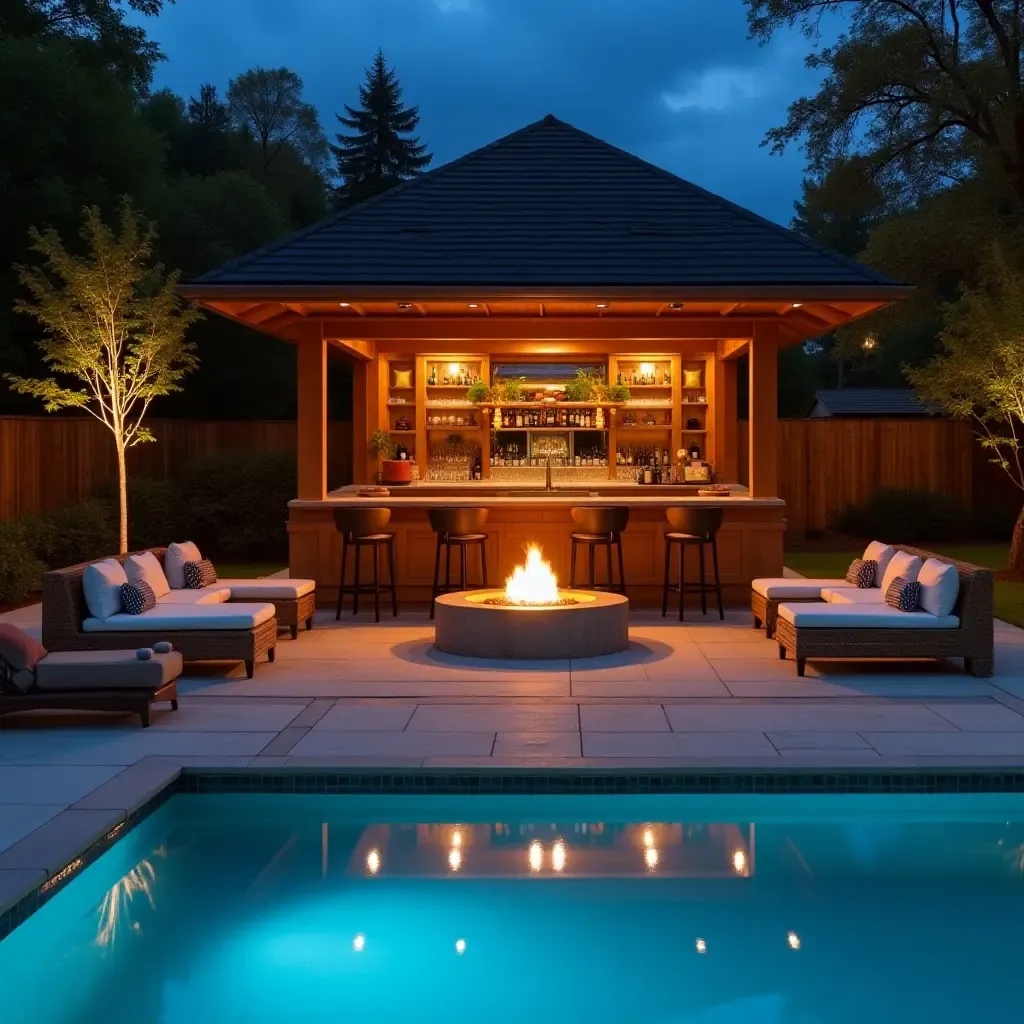 a photo of a cozy fire pit bar area beside a swimming pool