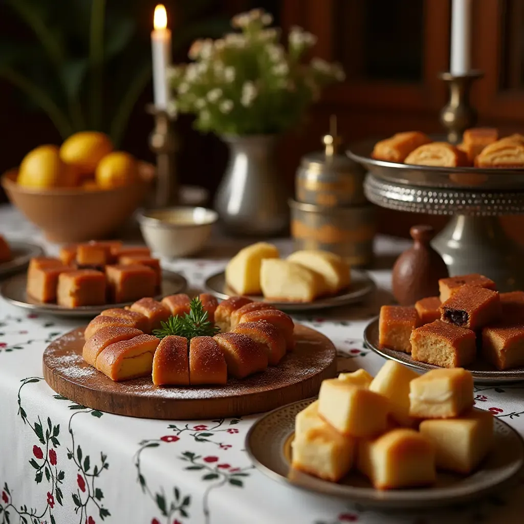 a photo of a traditional Portuguese sweet table with rare desserts and decorative elements.