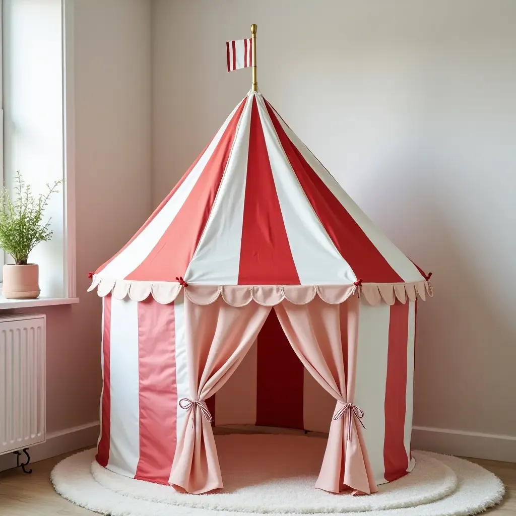 a photo of a playful circus tent playhouse in a room